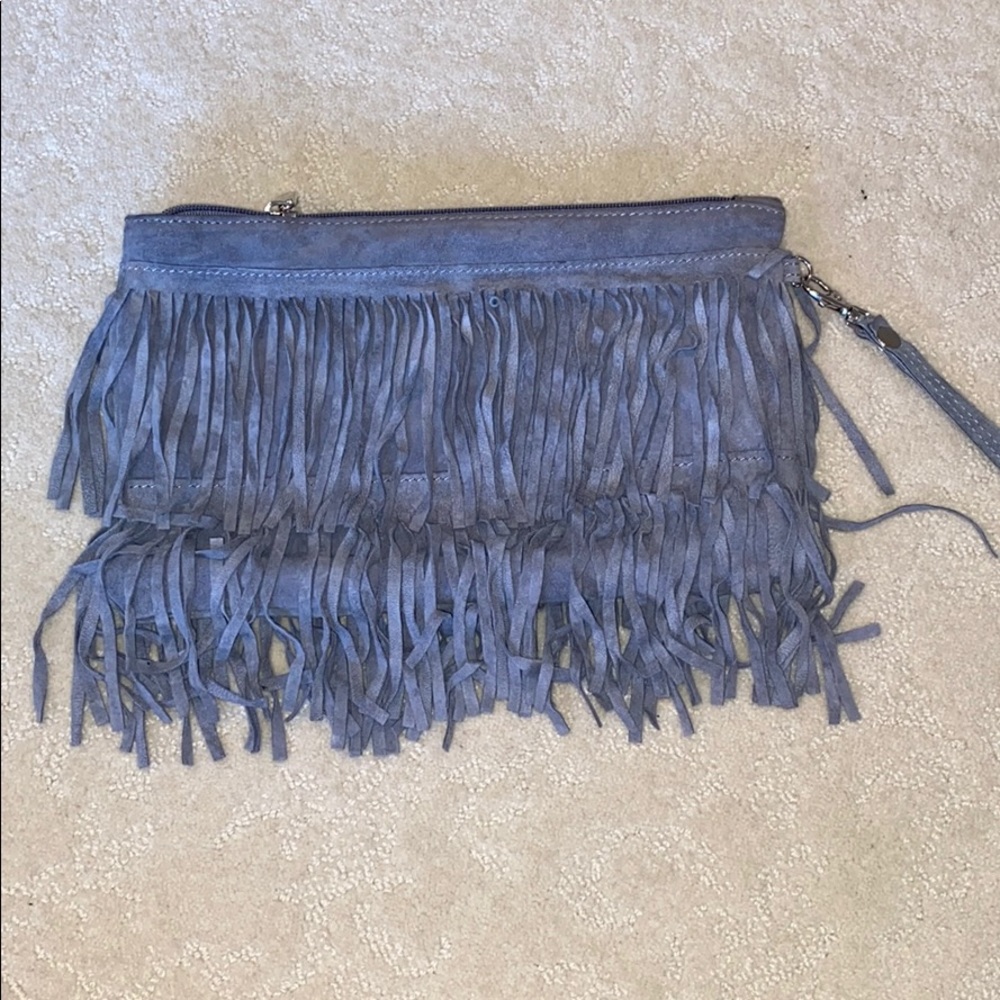 Grey Suede Fringe Wristlet Clutch